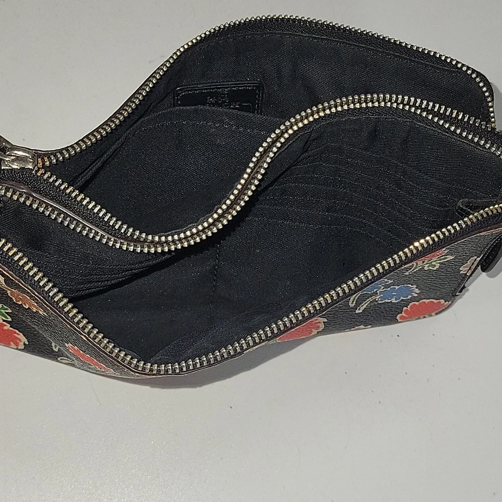 Coach Black Floral Leather Zip Wristlet